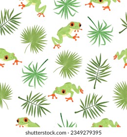 Seamless tropical pattern with cute tree frogs and exotic leaves. Summer print