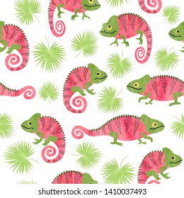 Seamless tropical pattern with cute watercolor chameleons and palm leaves.