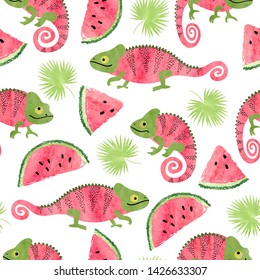 Seamless tropical pattern with cute watercolor chameleons, watermelons and palm leaves