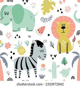 Seamless tropical pattern with cute zebra, elephant and lion and jungle plants in cartoon style. Vector illustration for children.