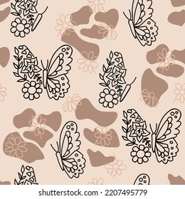 Seamless tropical pattern with daisies and butterflies. Print for textile, wallpaper, covers, surface. For fashion fabric.