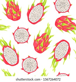 Seamless tropical pattern with dragon fruits and pitahaya slices. Healthy eating. Vector texture for textile, postcard, wrapping paper, packaging etc. Vector illustration on white background.