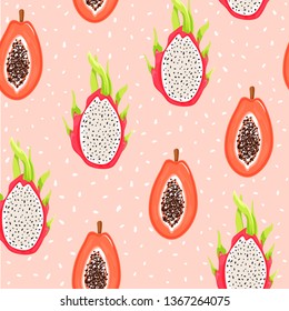 Seamless tropical pattern with dragon fruits and papaya. Healthy eating. Vector texture for textile, postcard, wrapping paper, packaging etc. Vector illustration on pink background.