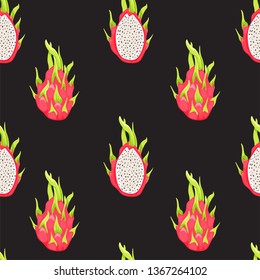 Seamless tropical pattern with dragon fruits and pitahaya half. Healthy eating. Vector texture for textile, postcard, wrapping paper, lingerie, packaging etc. Vector illustration on black background.