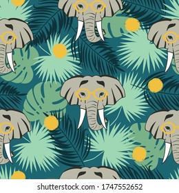 Seamless tropical pattern with elephant and palm leaves. Summer print.	