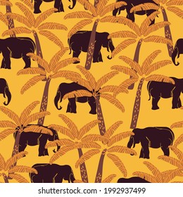 seamless tropical pattern with elephant and palm tree, vector design for paper, fabric and other surfaces