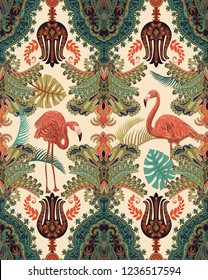 Seamless tropical pattern. Ethnic ornamental wallpaper. Colorful decorative backdrop with ornaments, plants and flamingos. Design for textile, fabric, web, wrapping paper, wallpaper, poster