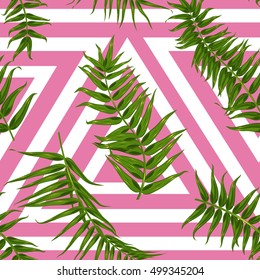 Seamless tropical pattern, exotic background with palm tree branches, leaves, leaf, palm leaves. endless texture with triangles