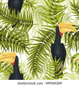 Seamless tropical pattern, exotic background with palm tree branches, leaves, leaf, palm leaves. endless texture with rhinoceroc rhinobill bird