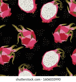 Seamless tropical pattern with exotic dragon fruits vector background. Perfect for wallpapers, pattern fills, web page backgrounds, surface textures, textile. Black backdrop.