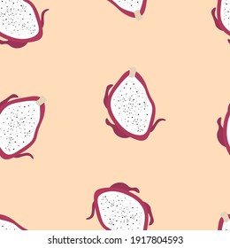 Seamless tropical pattern with exotic dragon fruits vector background. Perfect for wallpapers, pattern fills, web page backgrounds, surface textures, textile.