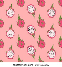 Seamless tropical pattern with exotic dragon fruits vector background. Perfect for wallpapers, pattern fills, web page backgrounds, surface textures, textile. Pink backdrop.