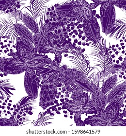 Seamless tropical pattern with exotic flowers .  Graphic vector background.