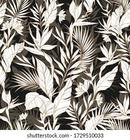 Seamless tropical pattern with exotic flowers and leaves. Tropical background with leaves,palm and strelitzia flowers on vector