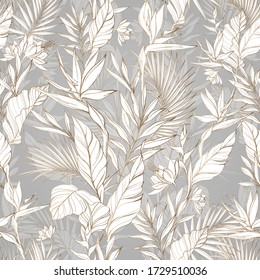 Seamless tropical pattern with exotic flowers and leaves. Tropical background with leaves,palm and strelitzia flowers on vector
