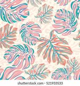 seamless tropical pattern. exotic leaf, trendy faded washed colors and illustrations. animal pattern background, leo skin.