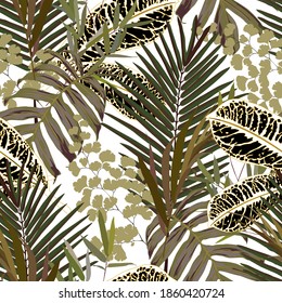 Patrón tropical sin foco con hojas exóticas.  Textura de fondo abstracta.