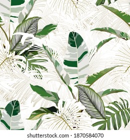 Patrón tropical sin foco con hojas exóticas.  Textura de fondo abstracta.
