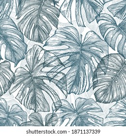 Seamless tropical pattern with exotic leaves and plants jungle. Hand drawn outlines on a white background. Drawn with pen and ink. Botanical design.