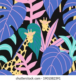 Seamless tropical pattern with With exotic leaves and giraffe. Vector illustration