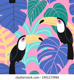 Nahtlose tropische Muster mit exotischen Blättern und Toucan. Vektorgrafik