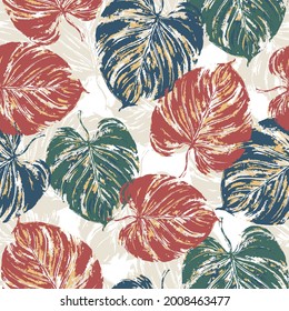 Nahtlose tropische Muster mit exotischen Blättern und Pflanzen-Dschungel. Exotisches Rot und Grün. Nahtlose Muster mit hawaiianischem Regenwald. Retro Textur mit tropischen Blättern und Blumen für Stoffe, Gewebe,