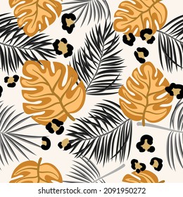 Seamless tropical pattern with exotic leaves and leopard print. Vector background.
