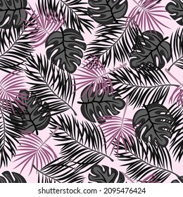 Seamless tropical pattern with exotic leaves. Vector floral background