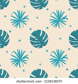 Patrón tropical sin foco con hojas exóticas. Papel polka de verano impreso.