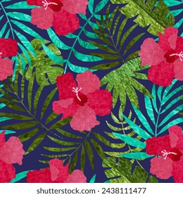 seamless tropical pattern with exotic leaves, flowers and plants jungle