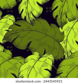 Seamless tropical pattern with exotic leaves and plants jungle pattern for covers, backgrounds, decor, presentations. Tropical monstera leaves.