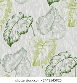 Seamless tropical pattern with exotic leaves and plants jungle pattern for covers, backgrounds, decor, presentations. Tropical monstera leaves.