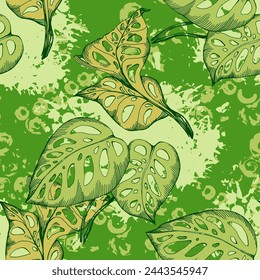 Seamless tropical pattern with exotic leaves and plants jungle pattern for covers, backgrounds, decor, presentations. Tropical monstera leaves.
