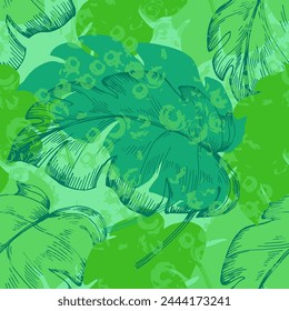 Seamless tropical pattern with exotic leaves and plants jungle pattern for covers, backgrounds, decor, presentations. Tropical monstera leaves.