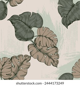 Seamless tropical pattern with exotic leaves and plants jungle pattern for covers, backgrounds, decor, presentations. Tropical monstera leaves.