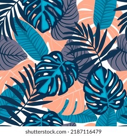 Seamless tropical pattern with exotic leaves.Vector illustration
