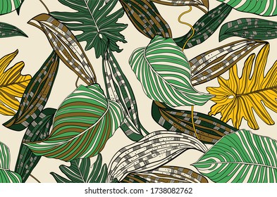 Seamless tropical pattern with exotic palm and deliciosa leaves.