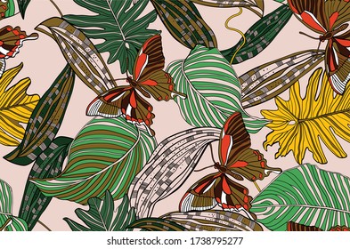 Seamless tropical pattern with exotic palm leaves and butterflies.