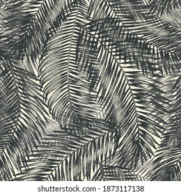 Seamless tropical pattern with exotic palm leaves. Hand drawn black outlines on a light yellow background. Drawn with pen and ink. Botanical design. Plants jungle.