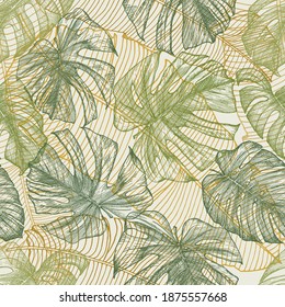 Seamless tropical pattern with exotic palm leaves. Hand-drawn green outlines on a light background. Drawn with pen and ink. Botanical design. Plants jungle.