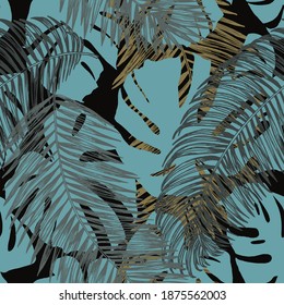 Seamless tropical pattern with exotic palm leaves. Hand-drawn outlines and silhouettes of leaves on a black background. Drawn with pen and ink. Botanical design. Plants jungle.