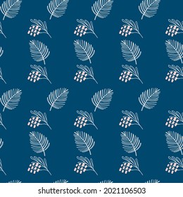 Seamless tropical pattern with exotic plants silhouettes on navy blue background. Monochrome vector illustration. Jungle print for textiles, wrapping paper, fabric, scrapbooking.