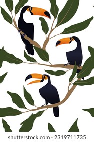 Nahtlose tropische Muster mit exotischen Bäumen und Toucan. Dschungelhintergrund mit Toucans, Bäumen. Vektorgrafik