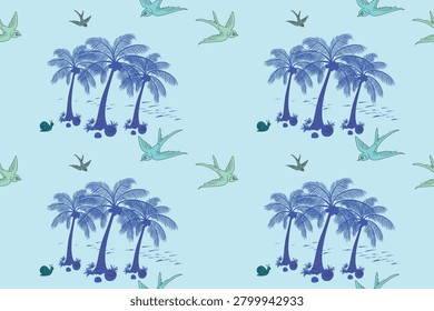 Seamless tropical pattern featuring coconut palm trees, flying birds, snails and coastal nature elements on a soft blue background. Hand drawn exotic island illustration with repeating design, ideal for textile prints, fabric, wallpaper, wrapping paper, packaging, stationery and summer-themed projects.