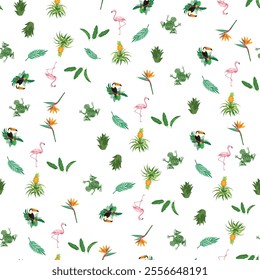  Seamless tropical pattern featuring flamingos, frogs, toucans, pineapples, and lush greenery. Perfect for fabric, wallpapers, and stationery designs inspired by nature's vibrant wildlife