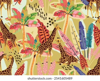 A seamless tropical pattern featuring giraffes and exotic leaves. Perfect for summer-themed designs.