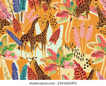 Un patrón tropical sin fisuras con jirafas y hojas exóticas. Perfecto para diseños con temática de verano.