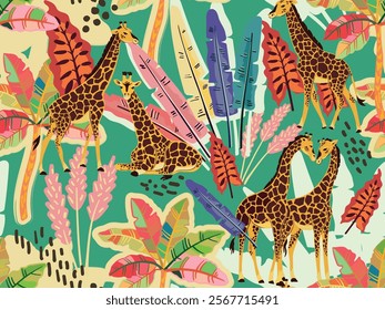 A seamless tropical pattern featuring giraffes and exotic leaves. Perfect for summer-themed designs.