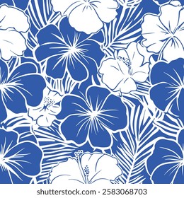 A seamless tropical pattern featuring Hawaiian coastal plants, palm leaves, and exotic flowers, perfect for textiles, wallpapers, and summer-themed designs.