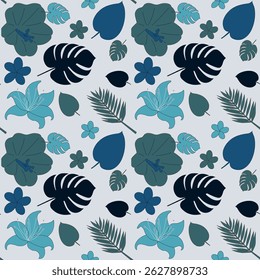 Seamless tropical pattern featuring monstera leaves, palm fronds, hibiscus, and exotic flowers in cool shades of blue and turquoise on a light background